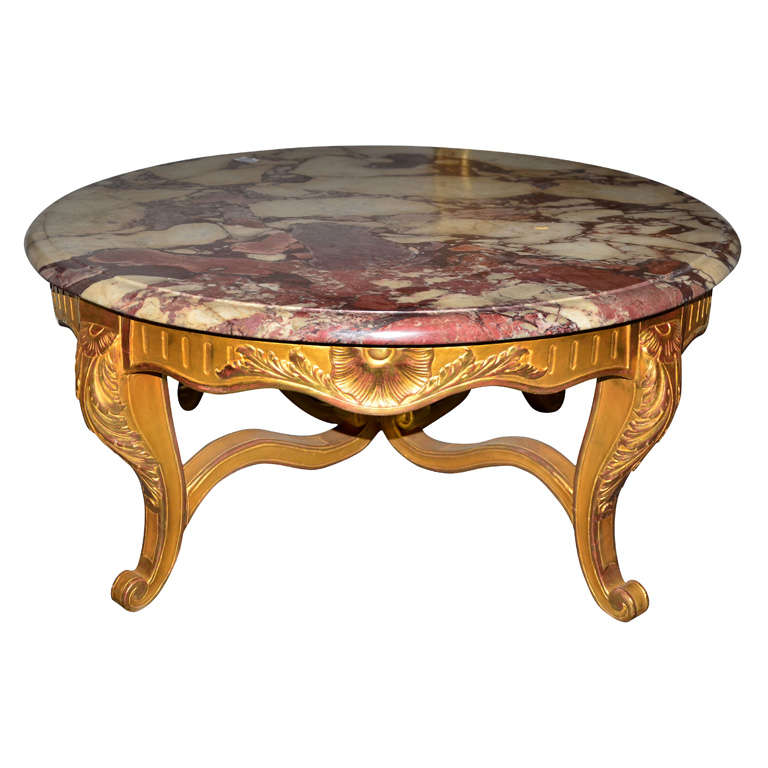 Pretty Round Coffee Table, Louis XV Style, Gilded Wood & marble For Sale