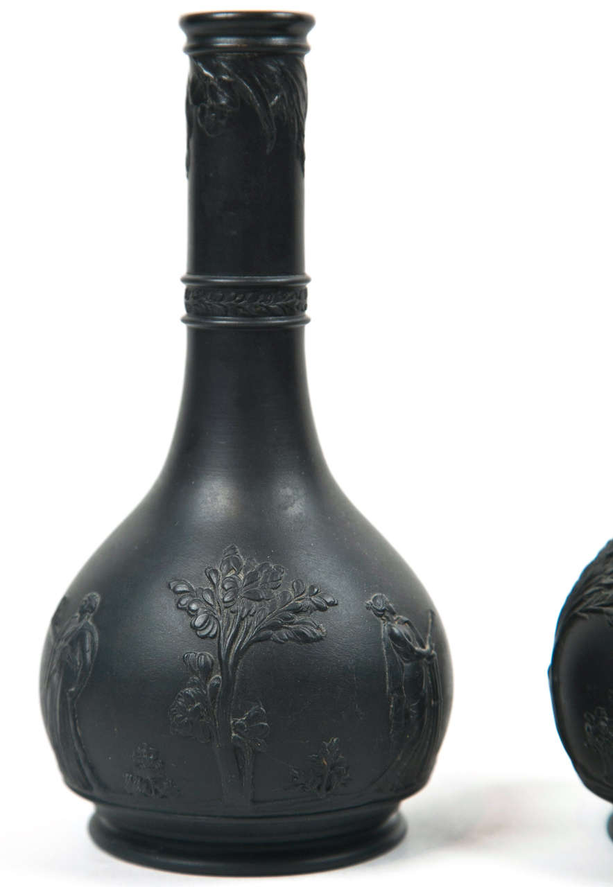 19th C Pair of Wedgewood Black Basalt Bottles Vases 2