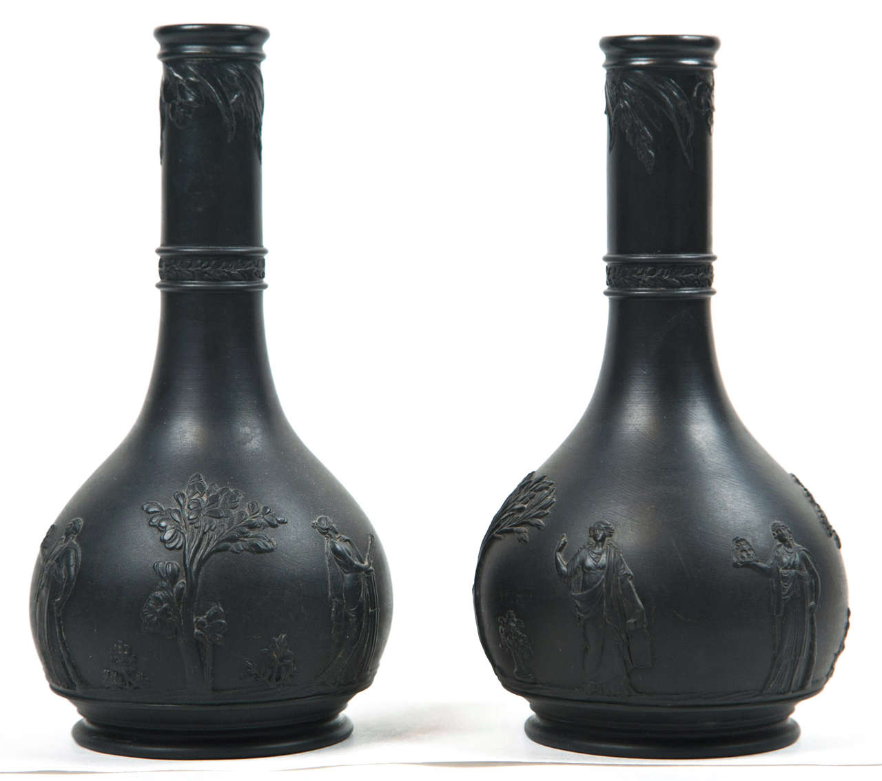 Pair of Wedgewood black basalt bottle vases with Apollo Musegetes & Enterpe opposite Calliope & Melppone