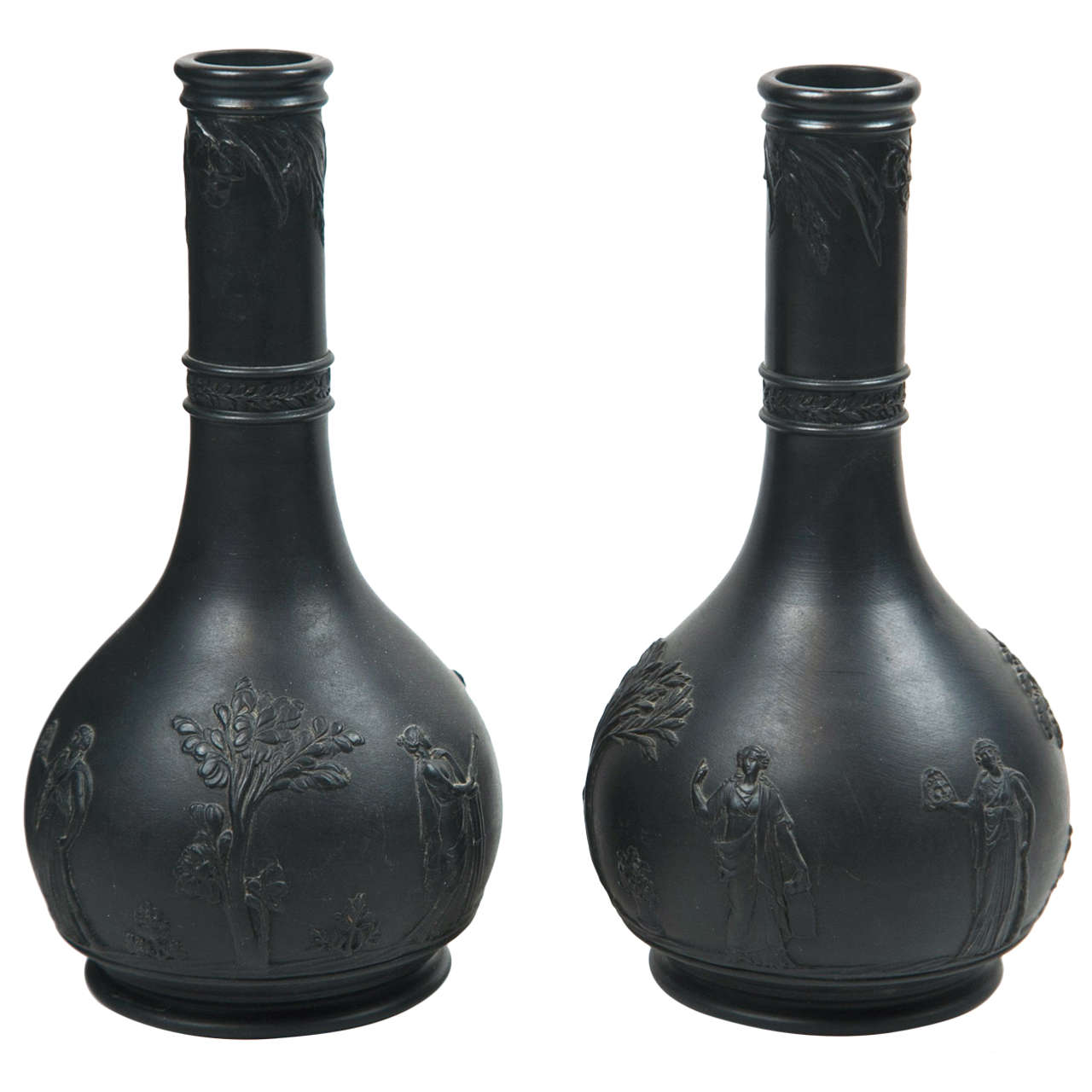 19th C Pair of Wedgewood Black Basalt Bottles Vases