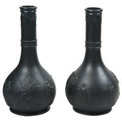 19th C Pair of Wedgewood Black Basalt Bottles Vases