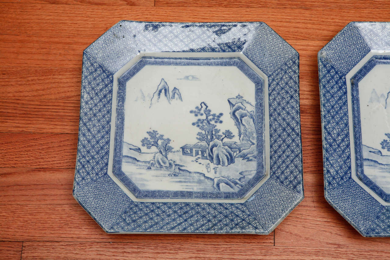 Painted Pair Japanese Blue & White Squeare Platters For Sale