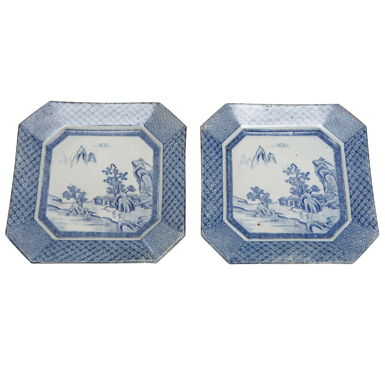 Pair Japanese Blue & White Squeare Platters For Sale