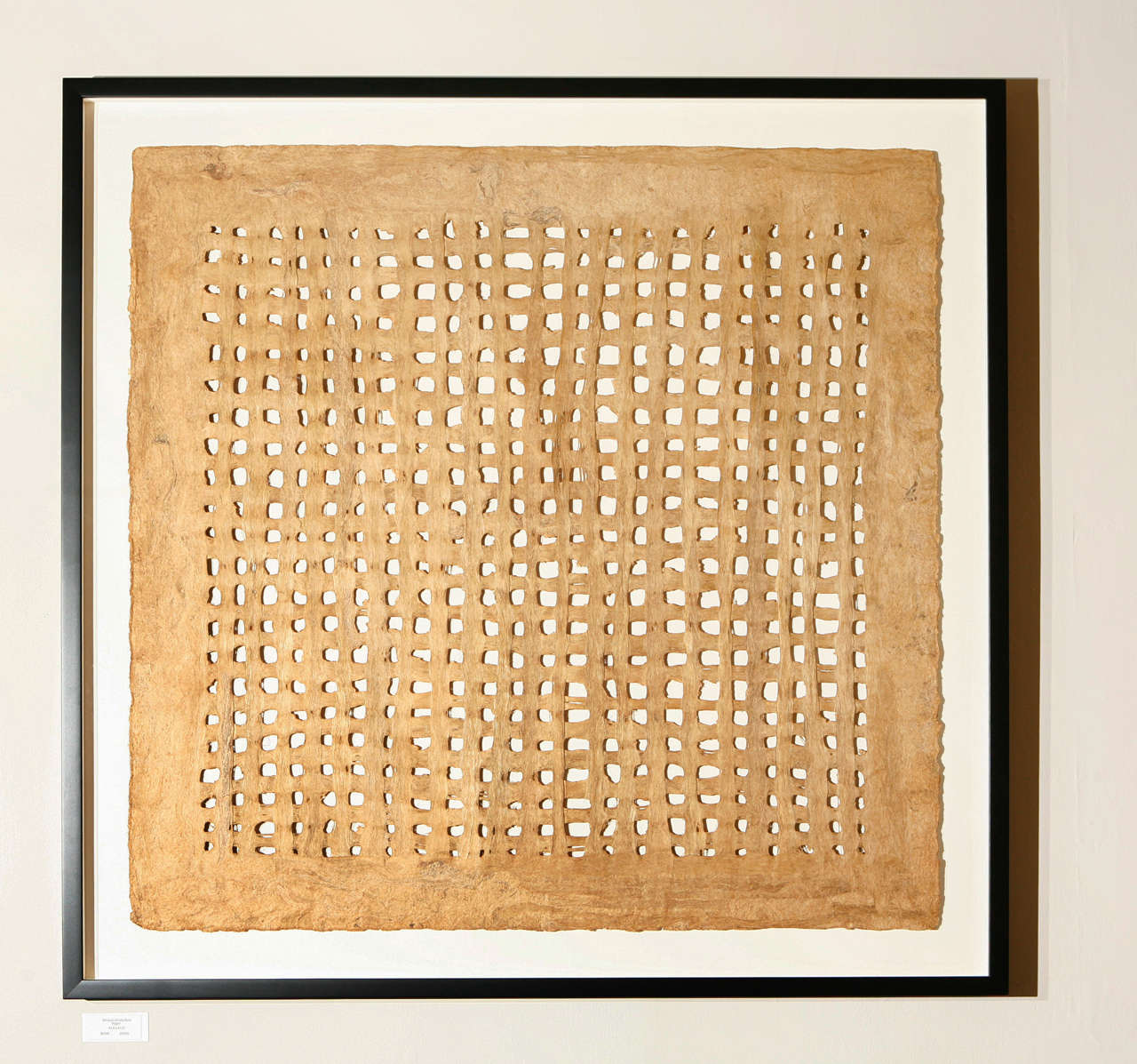 Handmade decorative bark paper framed over off-white mat.  Black eggshell finish frame.  