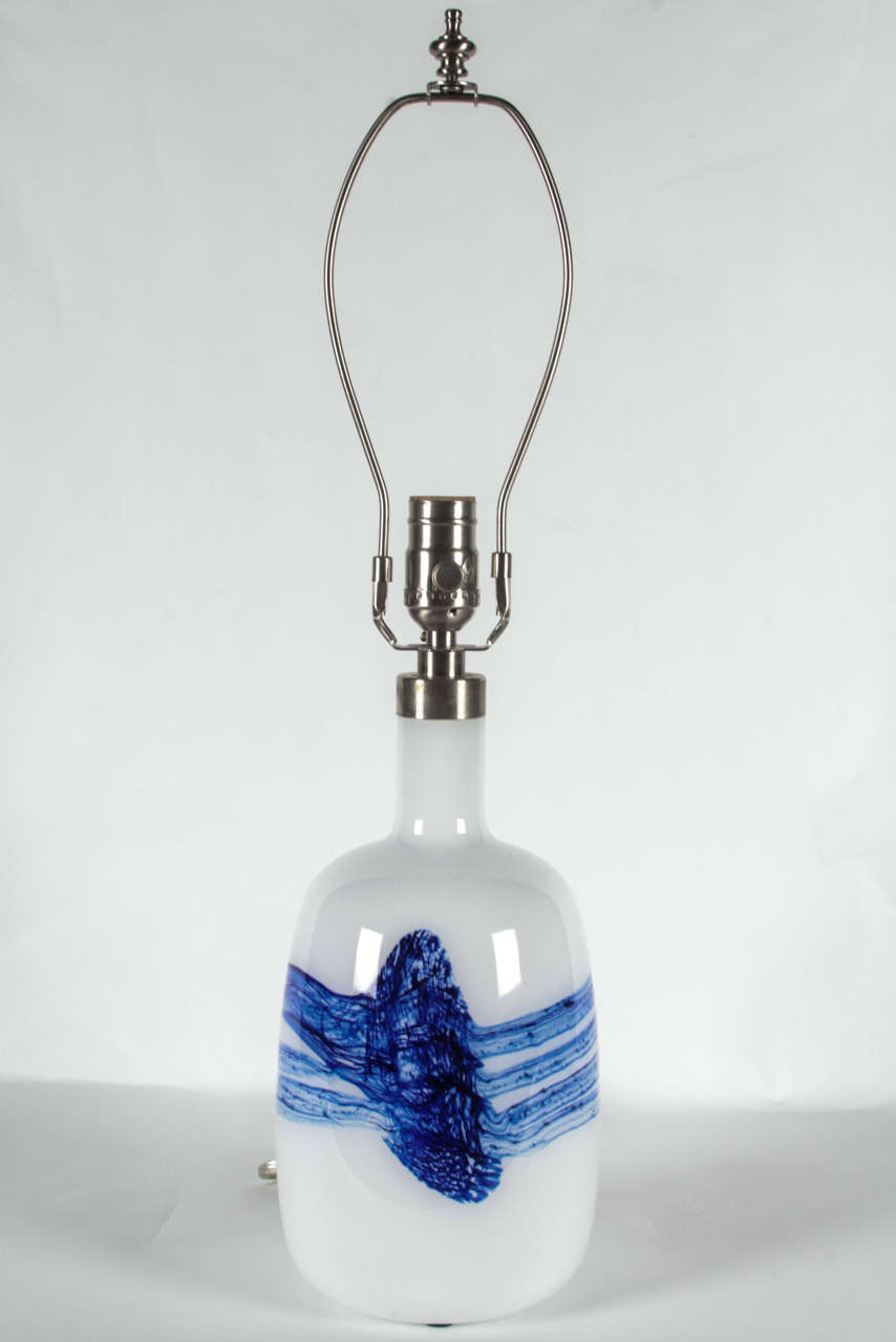 Scandinavian Modern Pair of Michael Bang White/Blue Glass Lamps