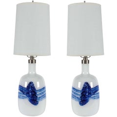 Pair of Michael Bang White/Blue Glass Lamps