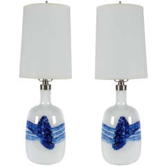 Pair of Michael Bang White/Blue Glass Lamps 11