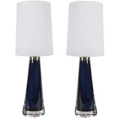 Pair of Sapphire Blue Glass Lamps by Orrefors