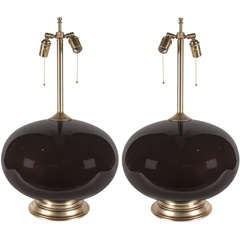 Pair of Large Dark Brown Orb Lamps by Barovier