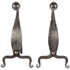 French Art Nouveau Hammered Nickel Andirons