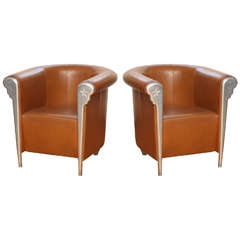 Rare Custom Designed Pair of Leather and Aluminum Armchairs by Antonio Pinto
