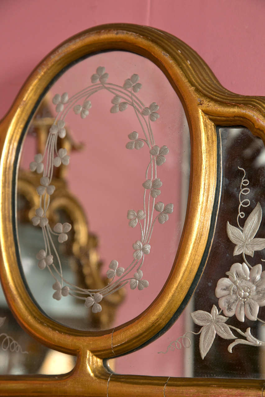 American Hollywood Regency Style Giltwood Mirror With Etched Floral And Clover Design