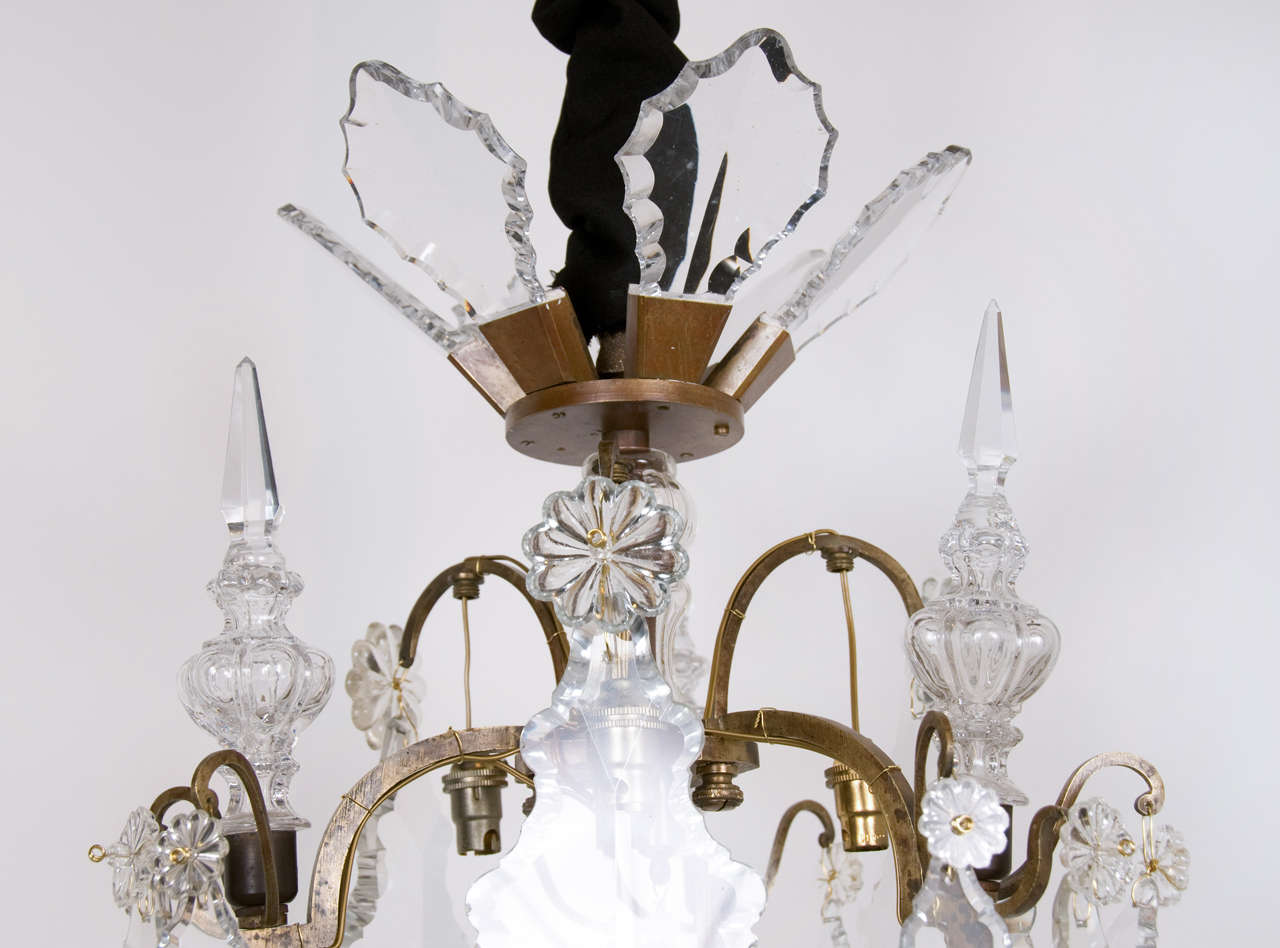 20th Century Louis XV Style Bronze and Glass Six Light Chandelier For Sale