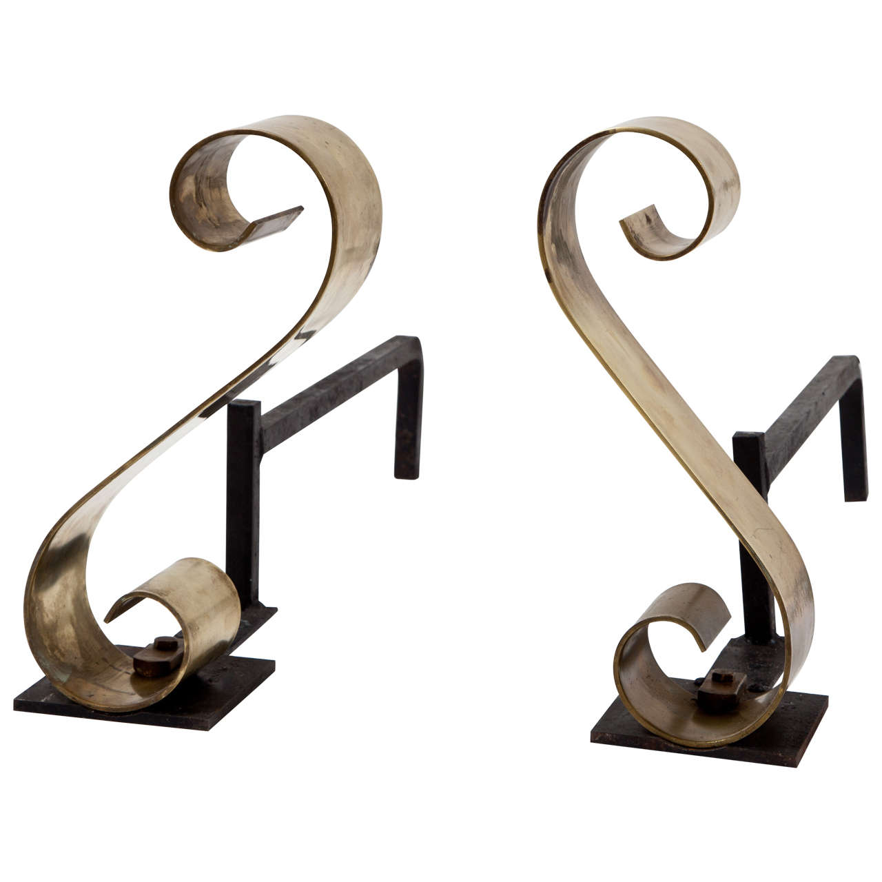 Scroll Andirons in Polished Brass For Sale