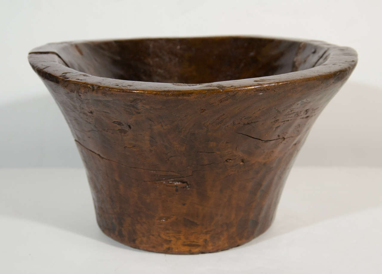 Rustic antique hand-carved bowl with pedestal design in teak wood. Good condition with natural distress and wear consistent with age. Intentional rustic feel and design.