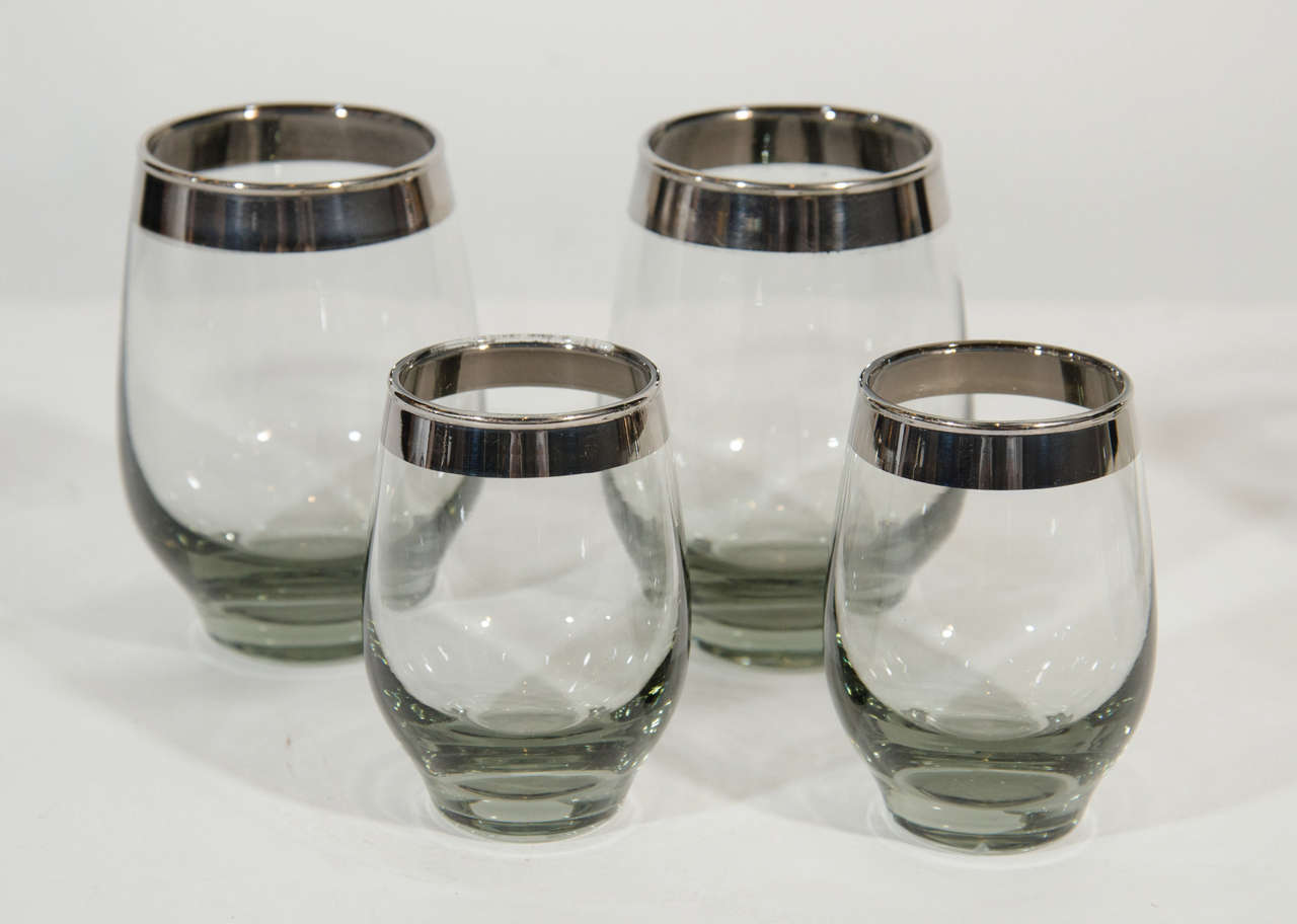 American Set of 8 Vintage Barware Glasses in Smoked Crystal & Sterling by Dorothy Thorpe