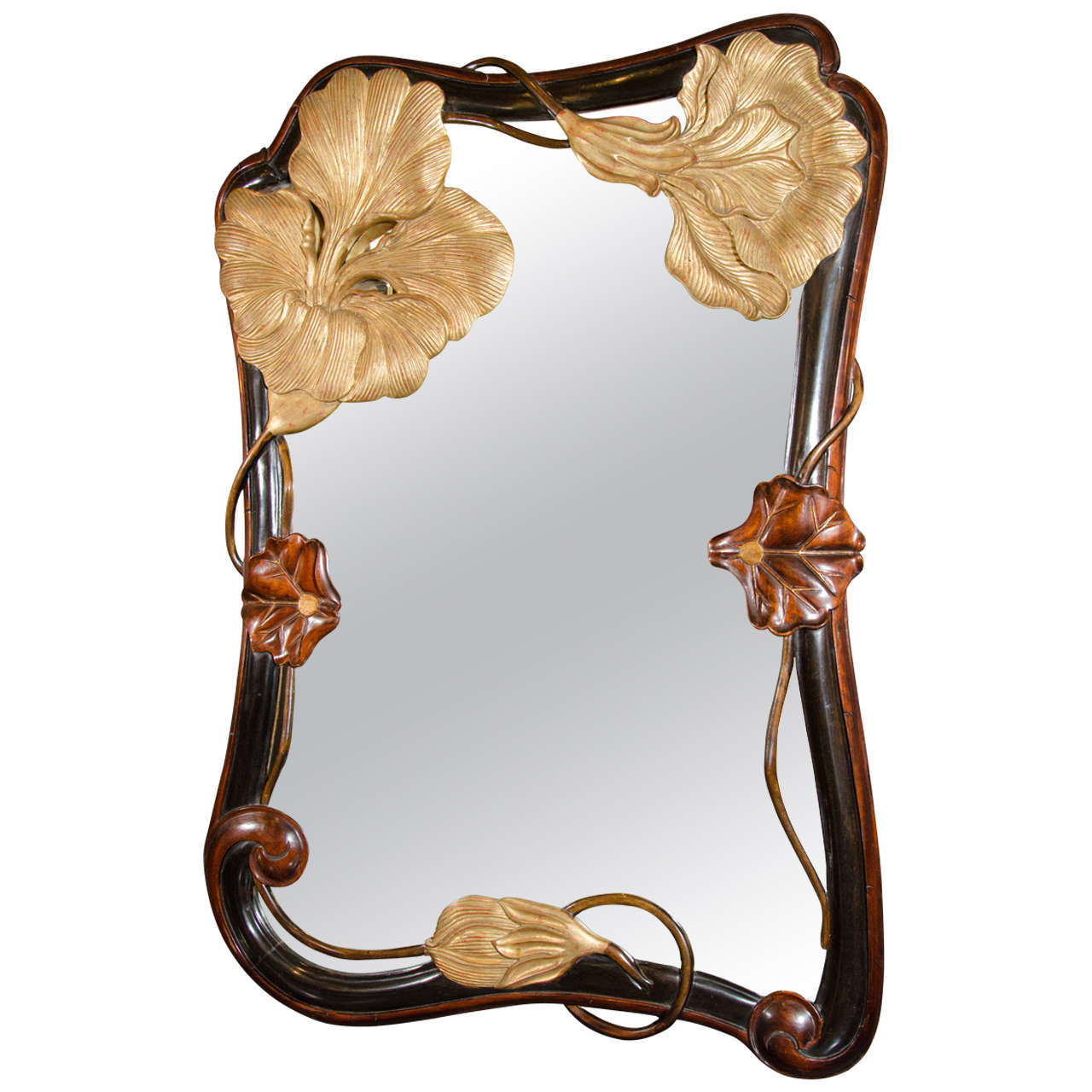 Rare and Outstanding Art Nouveau Mirror in Hand Carved Mahogany