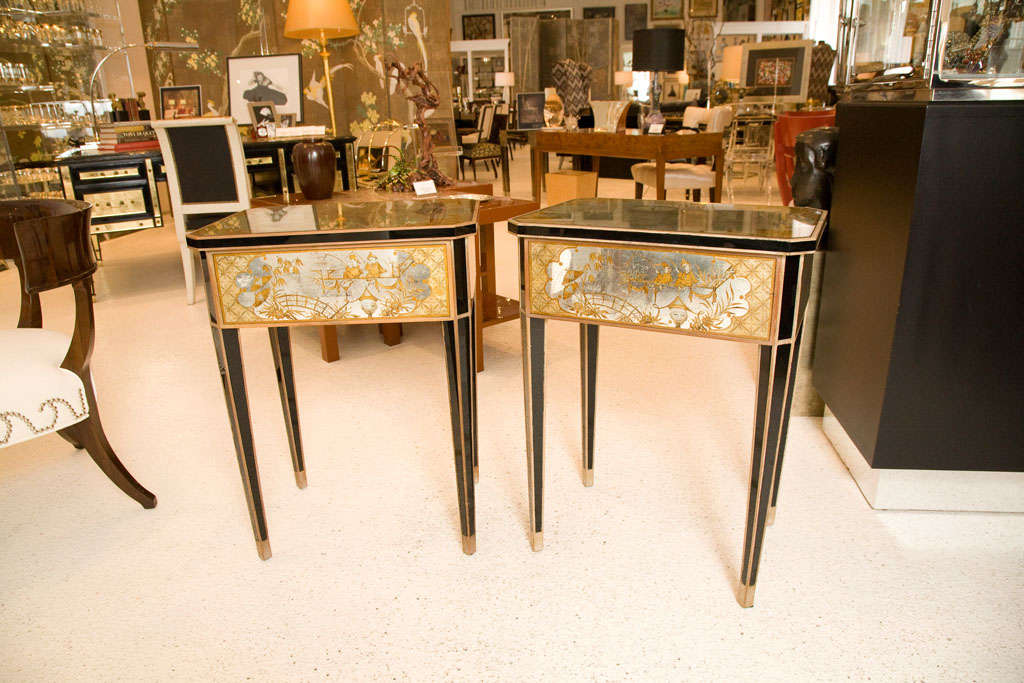 A Pair of Eglomise Decorated Bedside Tables