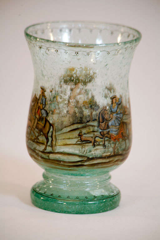 Bohemian Crystal Hand Painted Equestrian Vase with Controlled Bubbles