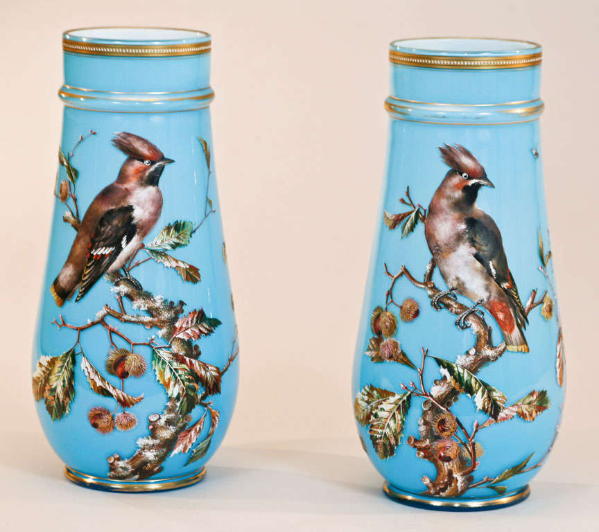 French 19th C. Pair of Baccarat Hand Painted Sevres Blue Ornithological Opaline Vases For Sale