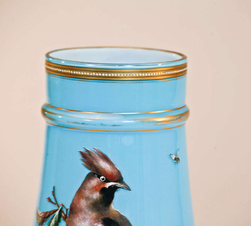 Enameled 19th C. Pair of Baccarat Hand Painted Sevres Blue Ornithological Opaline Vases For Sale