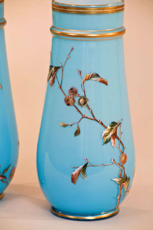 19th C. Pair of Baccarat Hand Painted Sevres Blue Ornithological Opaline Vases In Excellent Condition For Sale In Great Barrington, MA