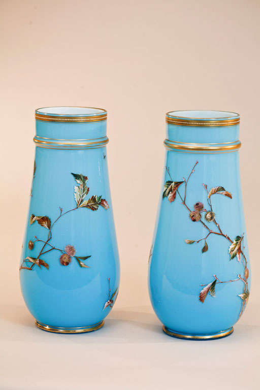 19th Century 19th C. Pair of Baccarat Hand Painted Sevres Blue Ornithological Opaline Vases For Sale