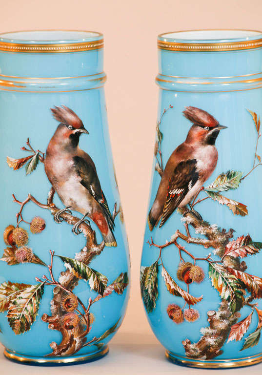 19th C. Pair of Baccarat Hand Painted Sevres Blue Ornithological Opaline Vases For Sale 2