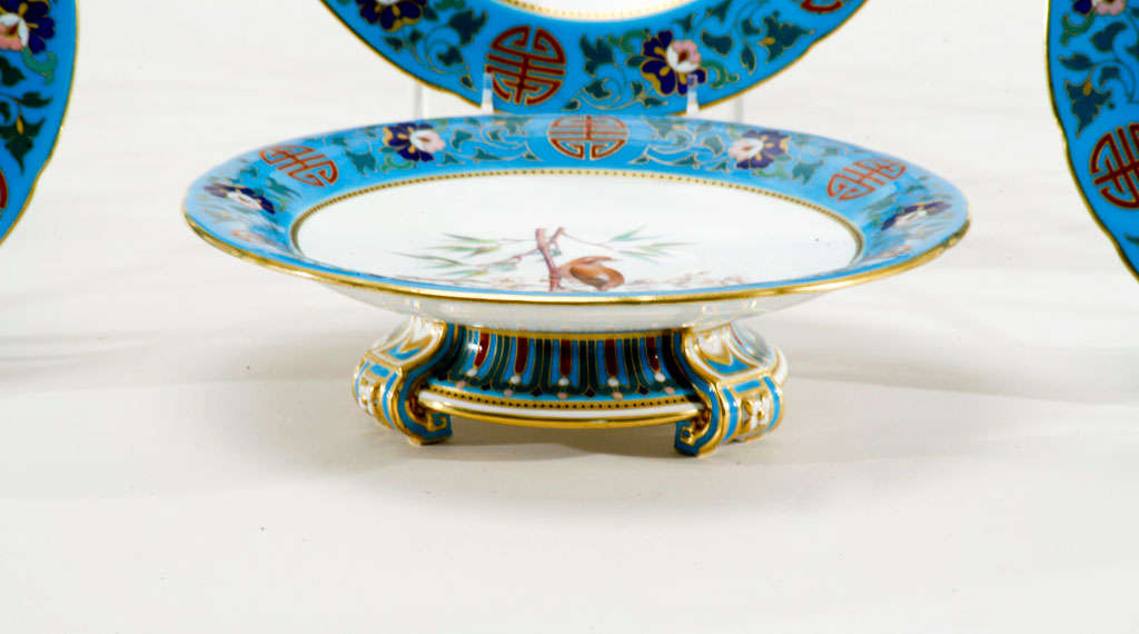 This amazing 13 piece hand painted ornithological dessert service is painted in the 