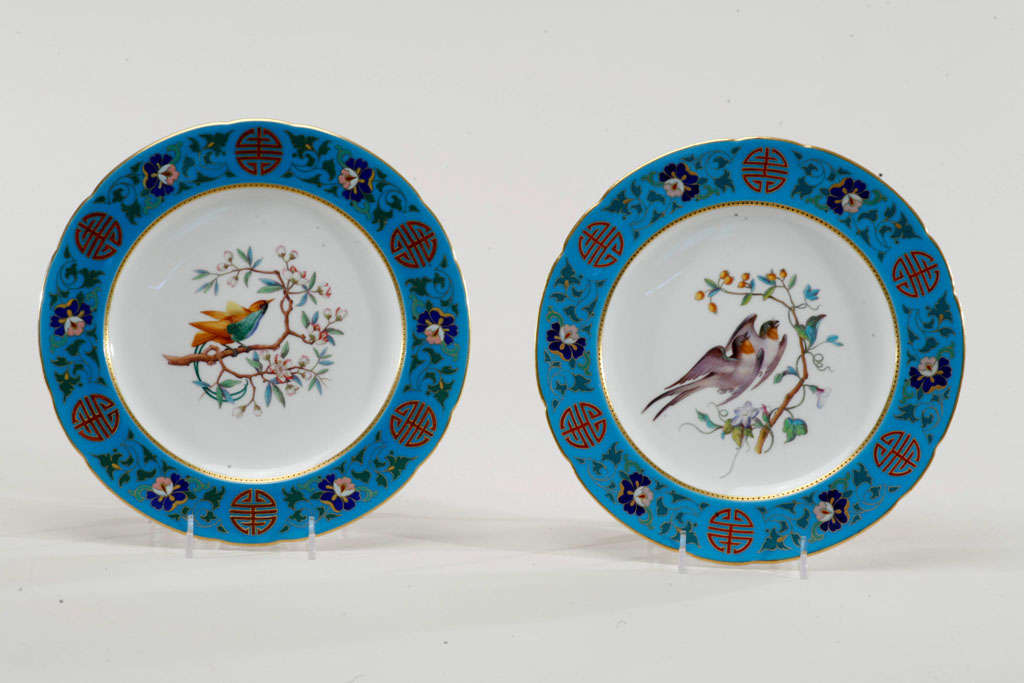 English Minton Hand Painted Ornithological 13 Piece Dessert Service- C. Dresser For Sale