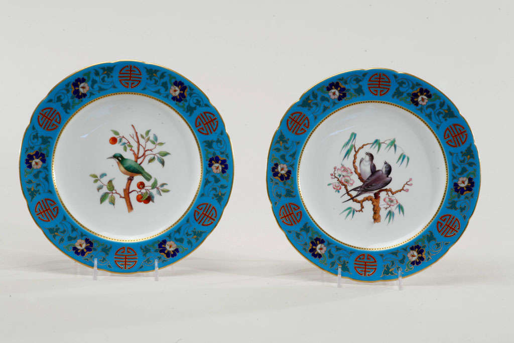 Minton Hand Painted Ornithological 13 Piece Dessert Service- C. Dresser In Excellent Condition For Sale In Great Barrington, MA