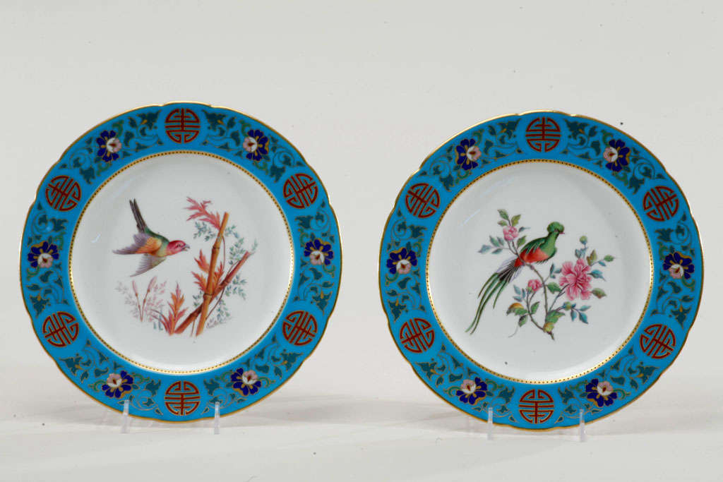 Porcelain Minton Hand Painted Ornithological 13 Piece Dessert Service- C. Dresser For Sale