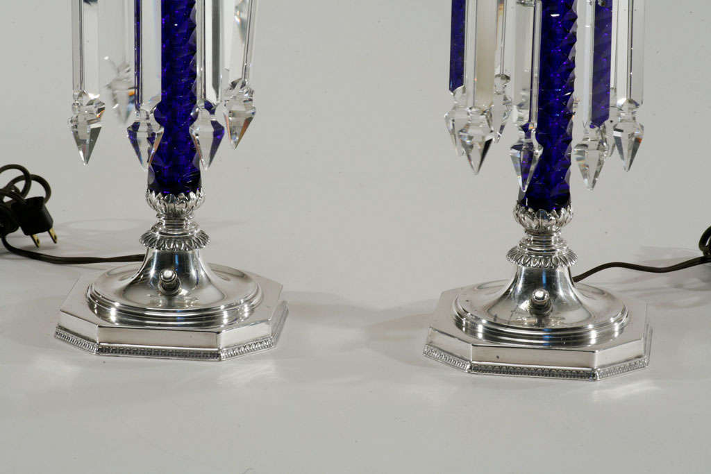 American Pair of Signed Pairpoint Cobalt Cut Crystal Candle Lamps For Sale