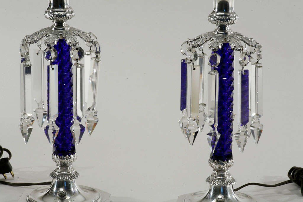 Pair of Signed Pairpoint Cobalt Cut Crystal Candle Lamps In Excellent Condition For Sale In Great Barrington, MA