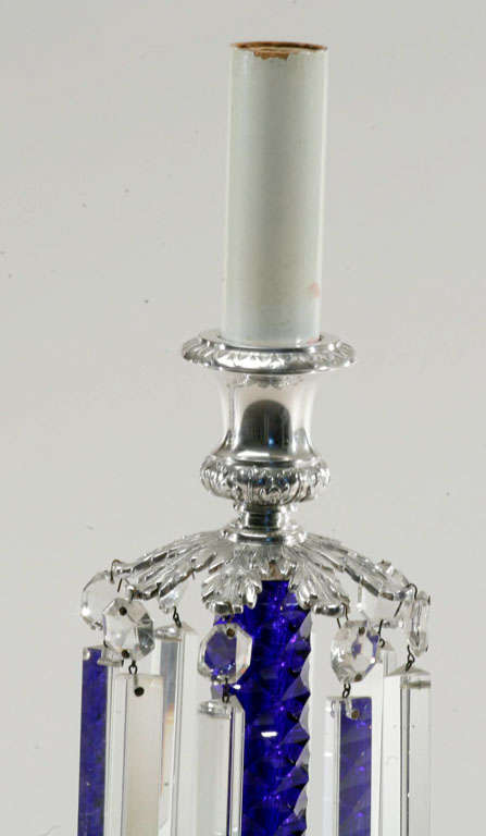 20th Century Pair of Signed Pairpoint Cobalt Cut Crystal Candle Lamps For Sale