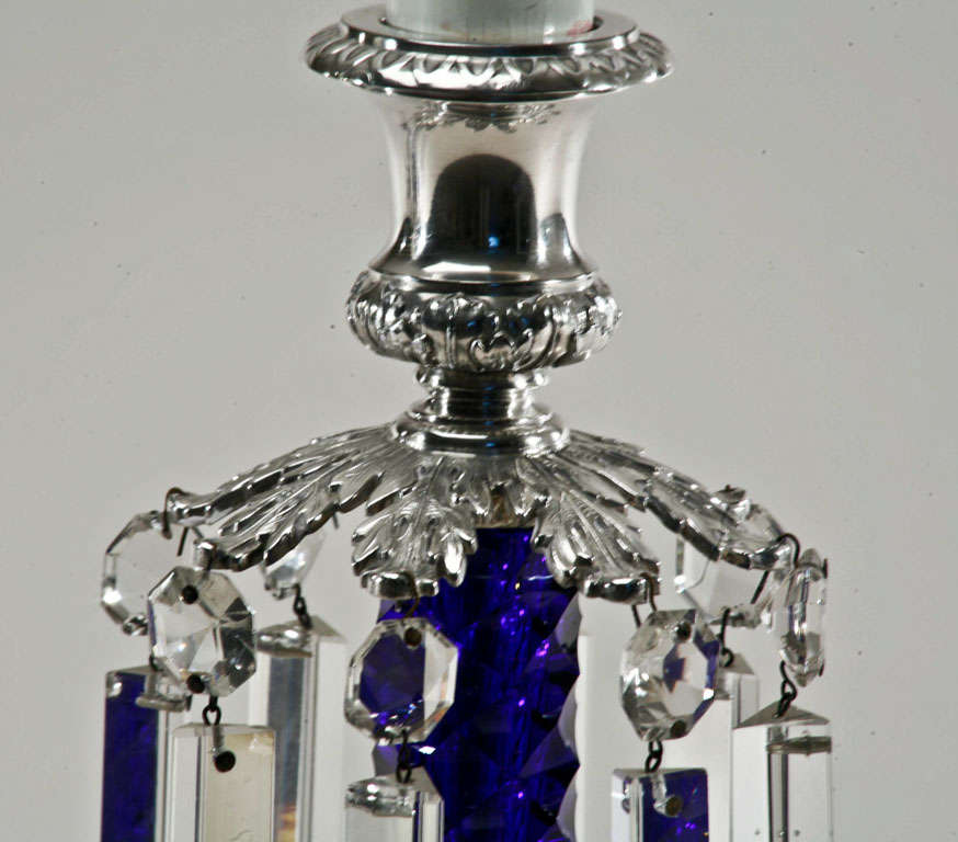 Pair of Signed Pairpoint Cobalt Cut Crystal Candle Lamps For Sale 1