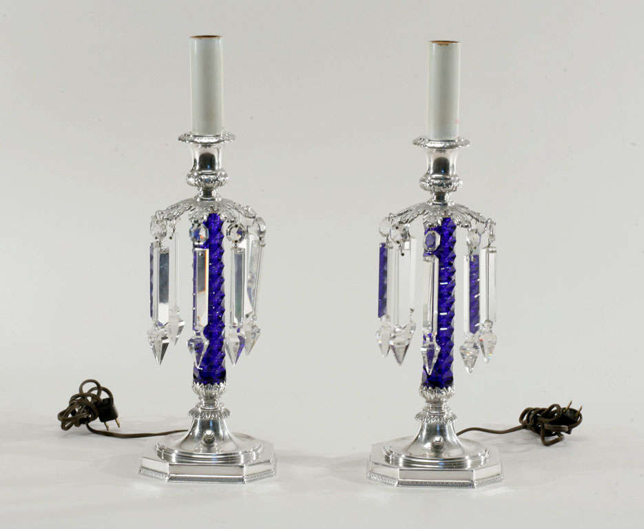 Pair of Signed Pairpoint Cobalt Cut Crystal Candle Lamps For Sale 3
