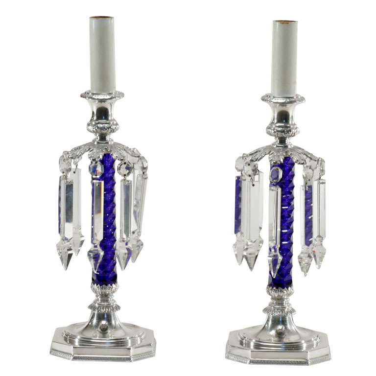 Pair of Signed Pairpoint Cobalt Cut Crystal Candle Lamps For Sale