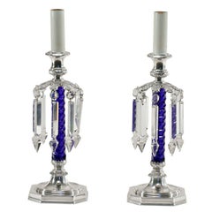 Pair of Signed Pairpoint Cobalt Cut Crystal Candle Lamps