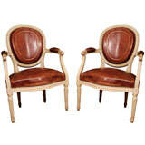 Pair of Louis XVI Style Painted and Leather Upholstered Fauteuil