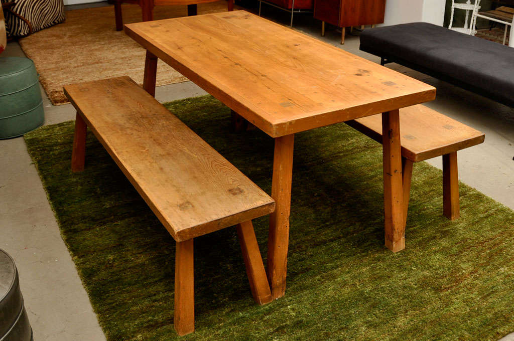 Solid wood dining table with two benches made from sturdy douglas fir. Benches measure 59