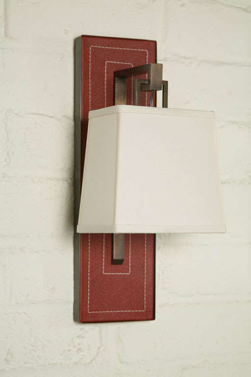 Paul Marra Leather Back Sconce with Tapered Linen Shade For Sale 2
