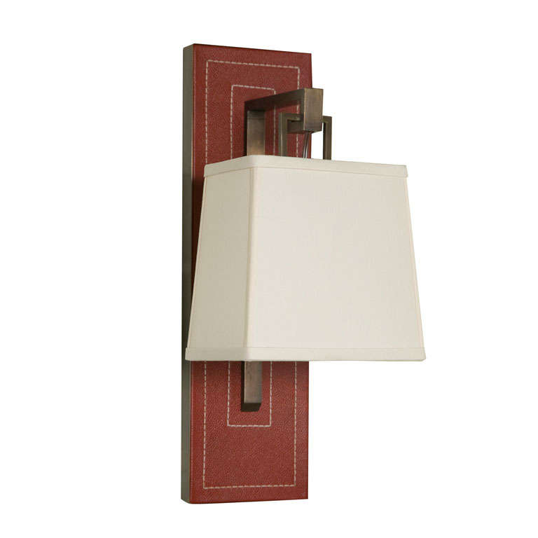 Paul Marra Leather Back Sconce with Tapered Linen Shade For Sale