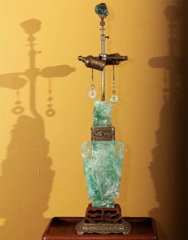 Asian, crystalline Flourite lamps with Jasper finial and Burmese Jadeite pulls.  Originally vases, could range in age from 100-200 years old, made into lamps in the1920's.  One of a pair.  Silk and velvet shade, original to lamp