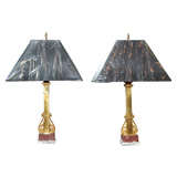Pair  Neoclassic Gilded Bronze Lamps on Marble Bases