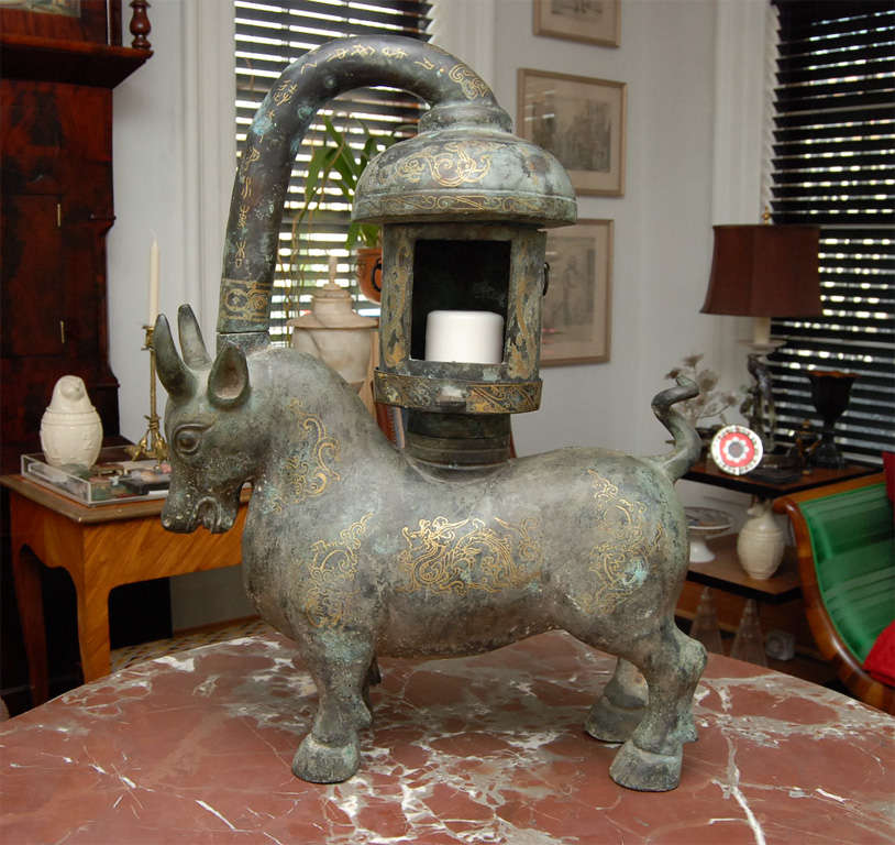 A Large Chinese Bronze and Gold Inlayed  Lantern