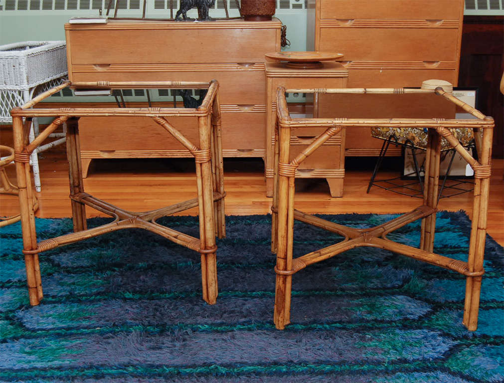Vintage Rattan Glass Topped End Tables