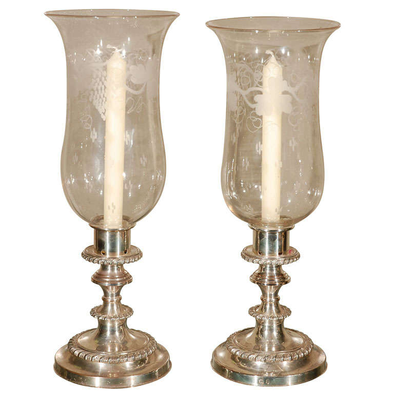 A Pair of Sheffield Silver Hurricanes with Etched Shades