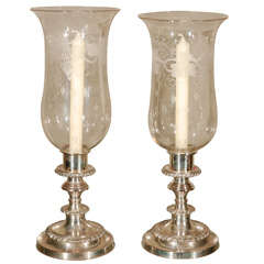 Antique A Pair of Sheffield Silver Hurricanes with Etched Shades