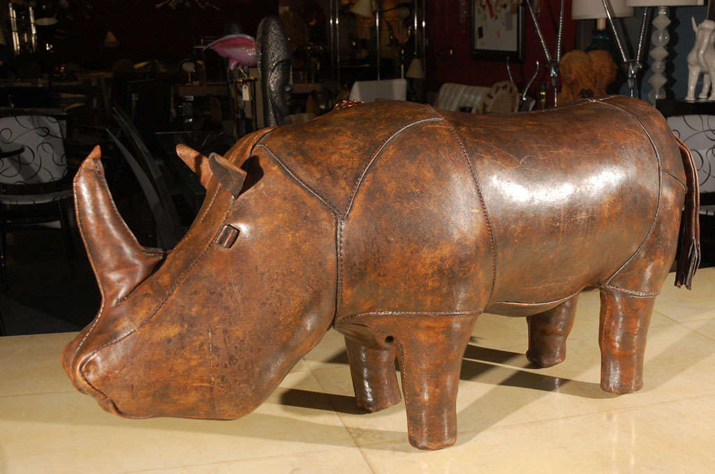 1960'S OMERSA HAND MADE STUFFED RHINO SCULPTURE AND HAND STITCHED LEATHER BY ABERCROMBIE & FITCH.